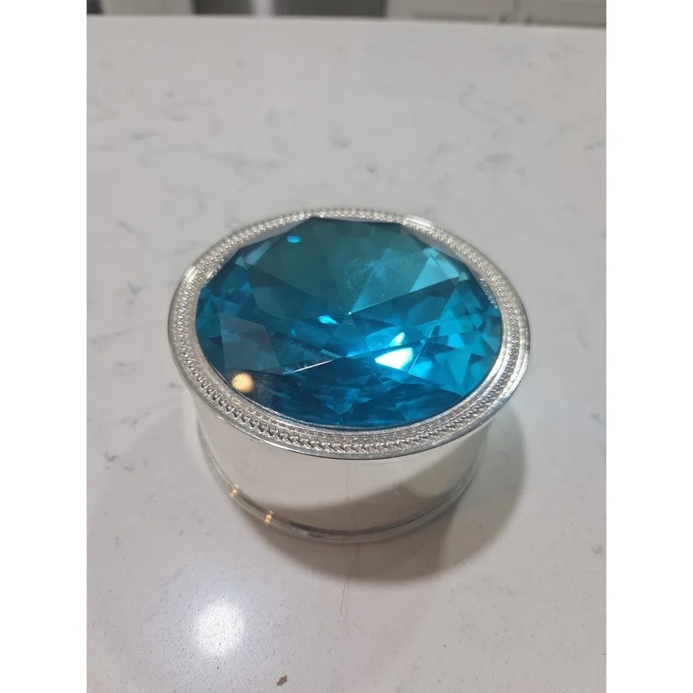 Lori Greiner Ornate Round Silver Coated Trinket Box with Blue Sapphire Top